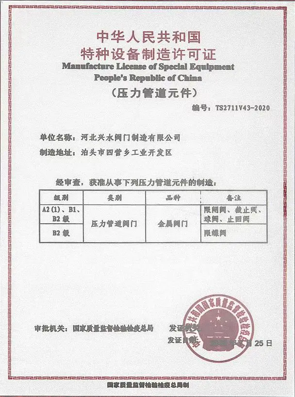 Manufacture License of Special Equipment (TS Certificate)