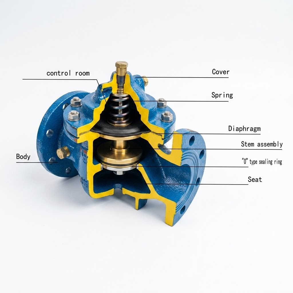 Cutaway cross section of ductile iron hydraulic control valve with EPDM diaphragm